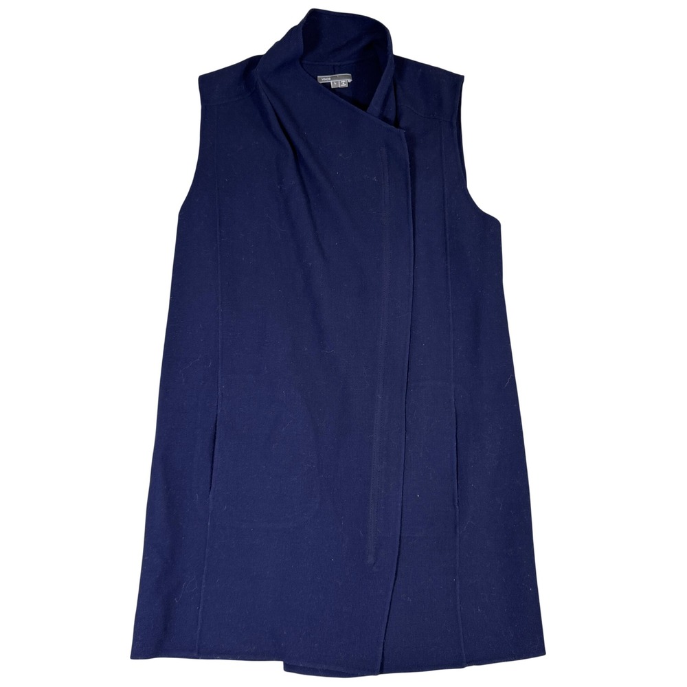 Vince Navy Blue 100% Wool Asymmetric Zip Front Vest Leather Trim Large